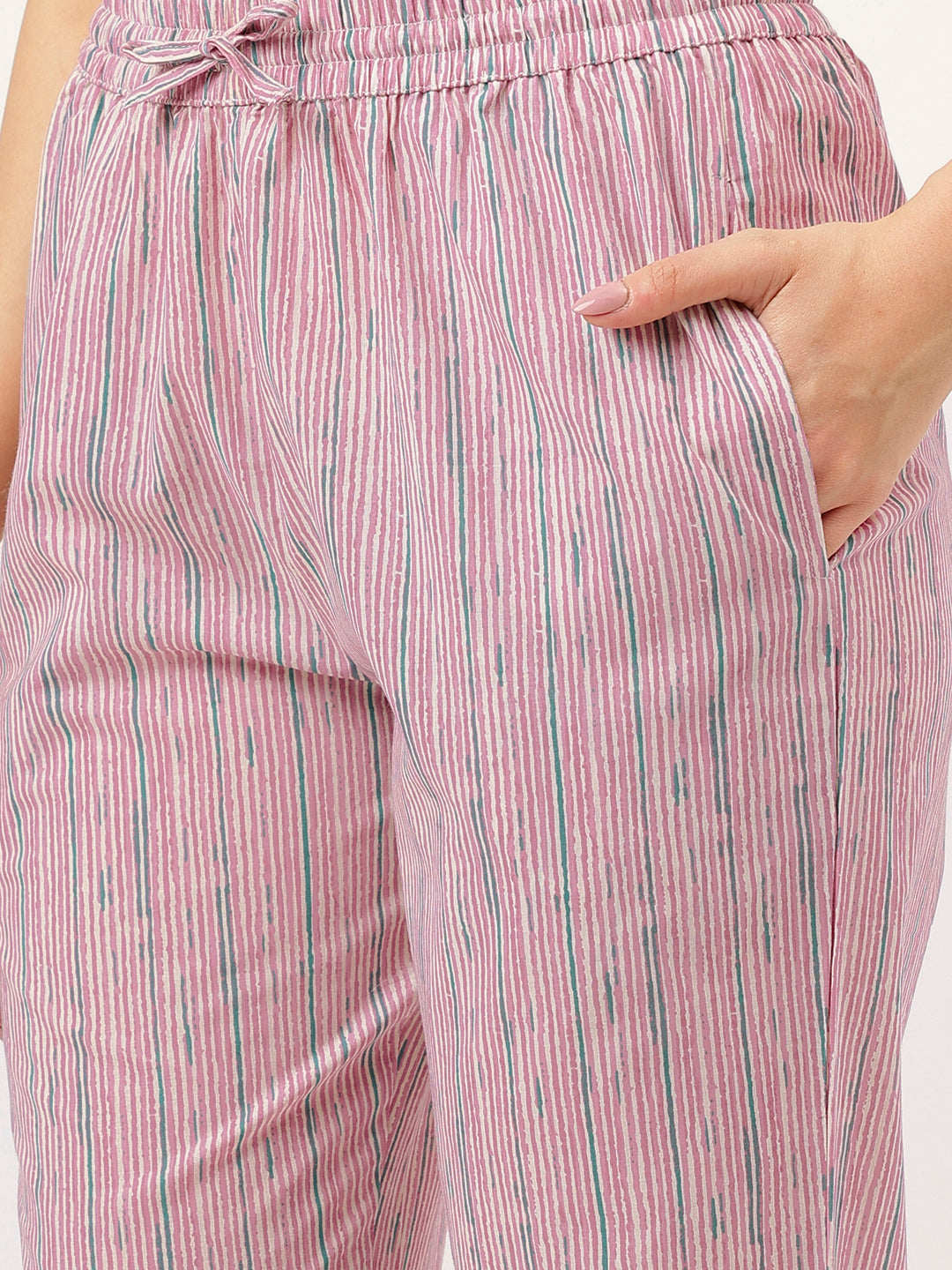 Light Pink Printed V-Neck Cotton Kurta Set