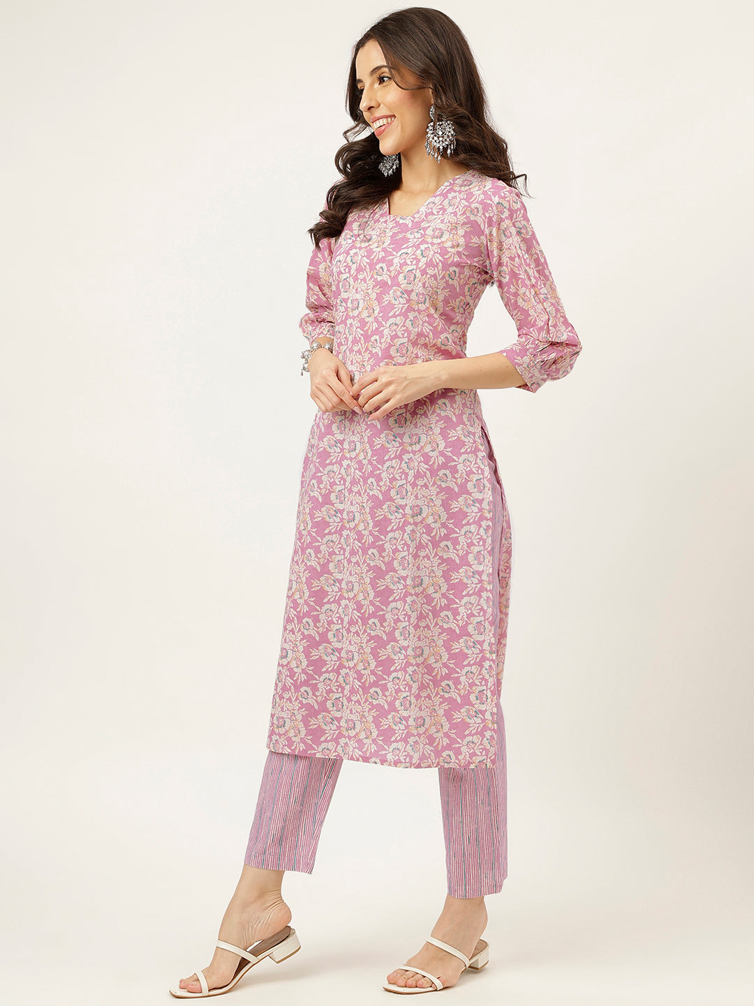 Light Pink Printed V-Neck Cotton Kurta Set
