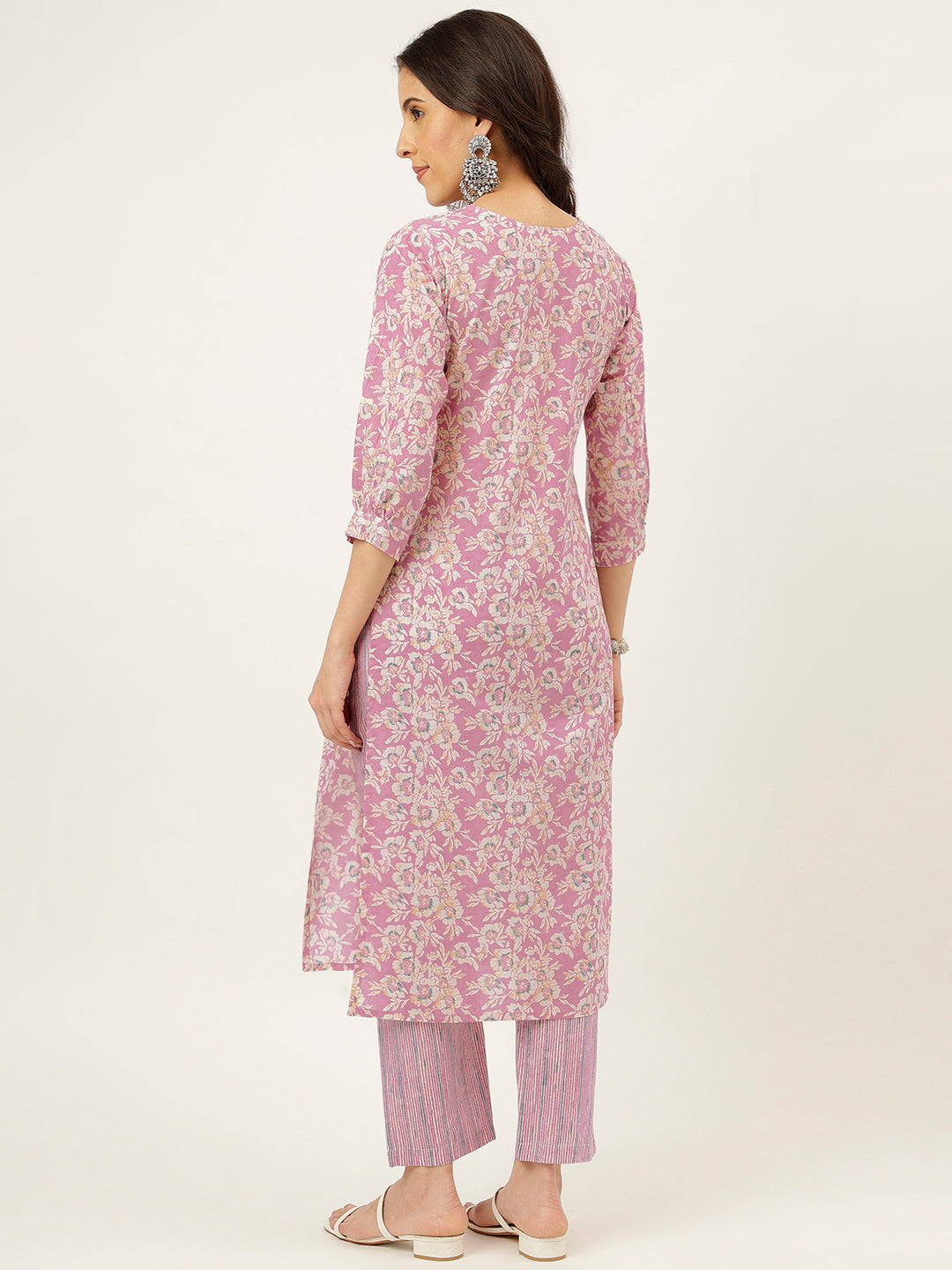 Light Pink Printed V-Neck Cotton Kurta Set