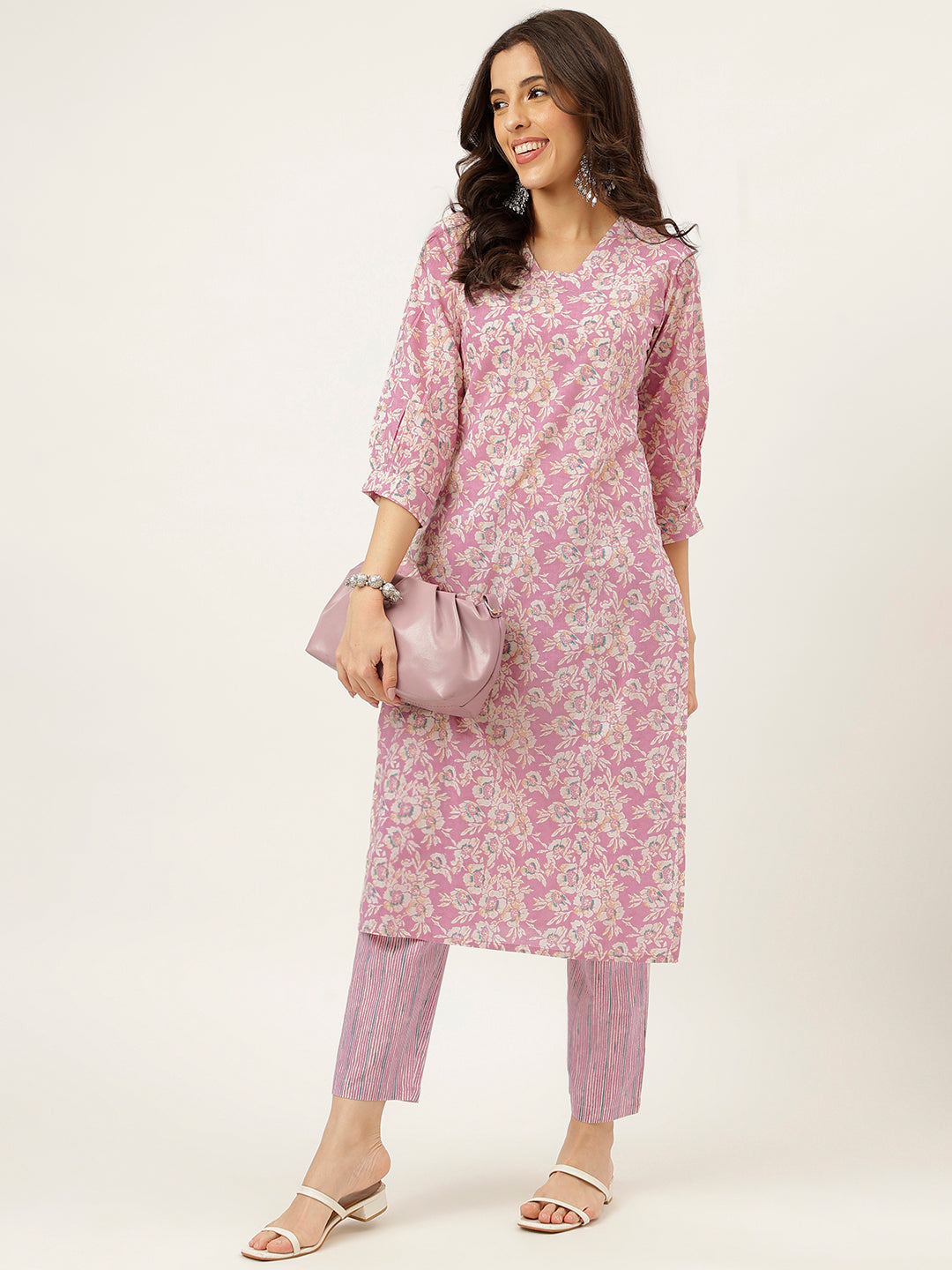 Light Pink Printed V-Neck Cotton Kurta Set