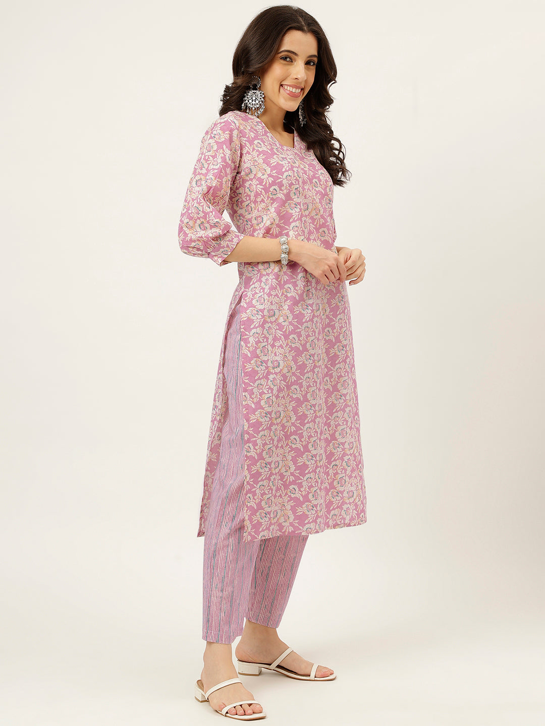 Light Pink Printed V-Neck Cotton Kurta Set