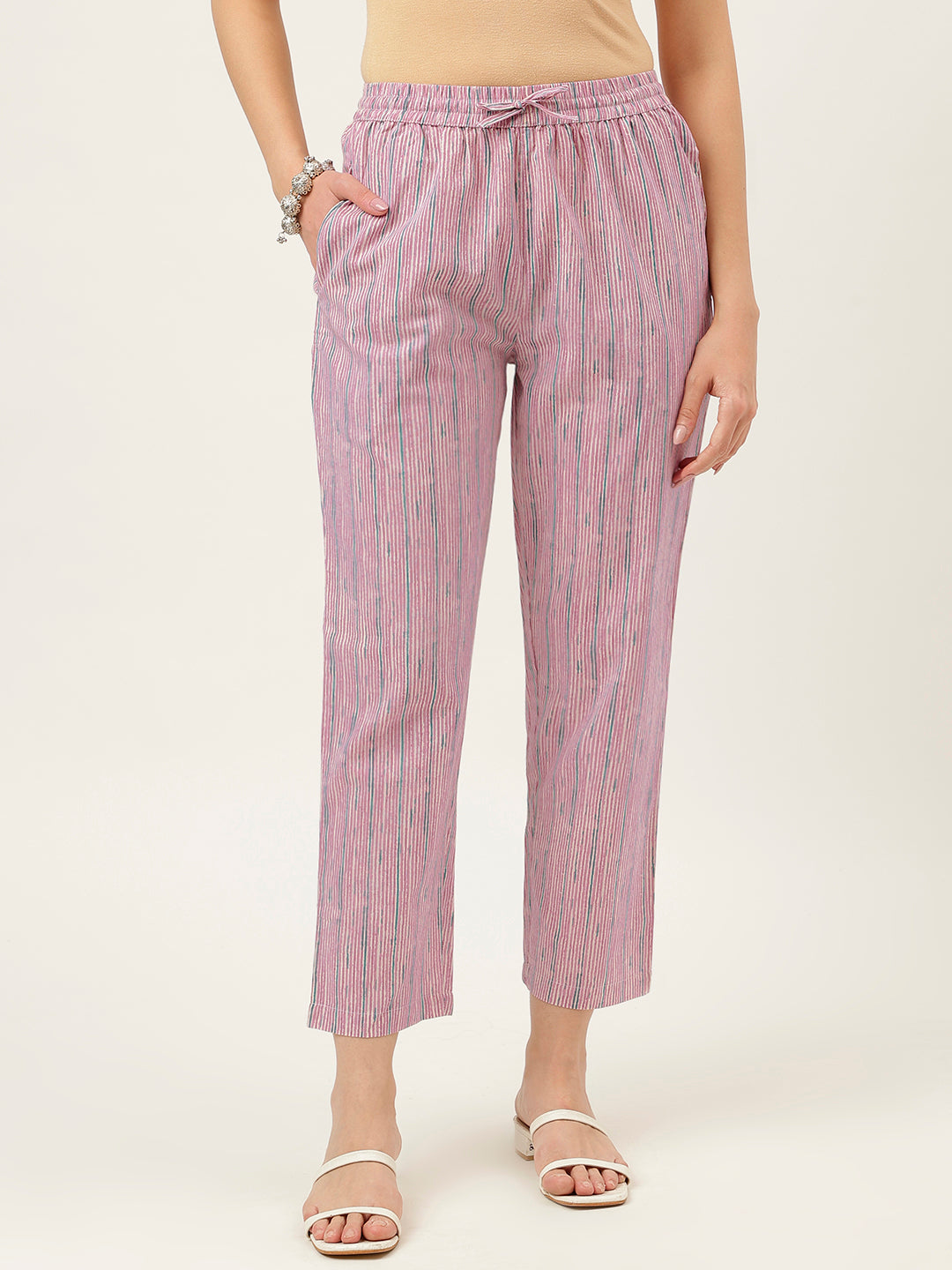 Light Pink Printed V-Neck Cotton Kurta Set