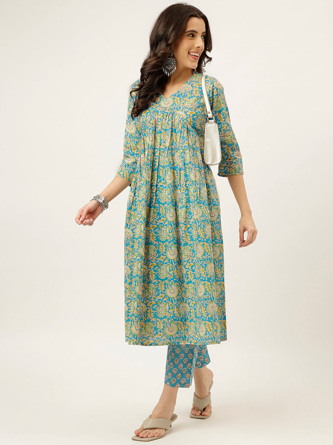 Blue Printed Alia Cut Cotton Kurta Set