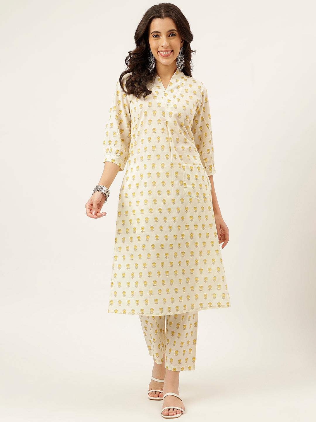 White and Yellow Printed V-Neck Cotton Kurta Set