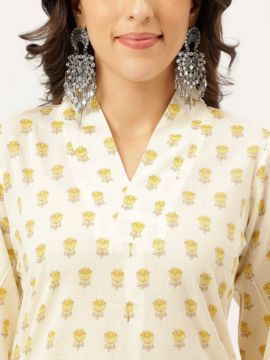 White and Yellow Printed V-Neck Cotton Kurta Set