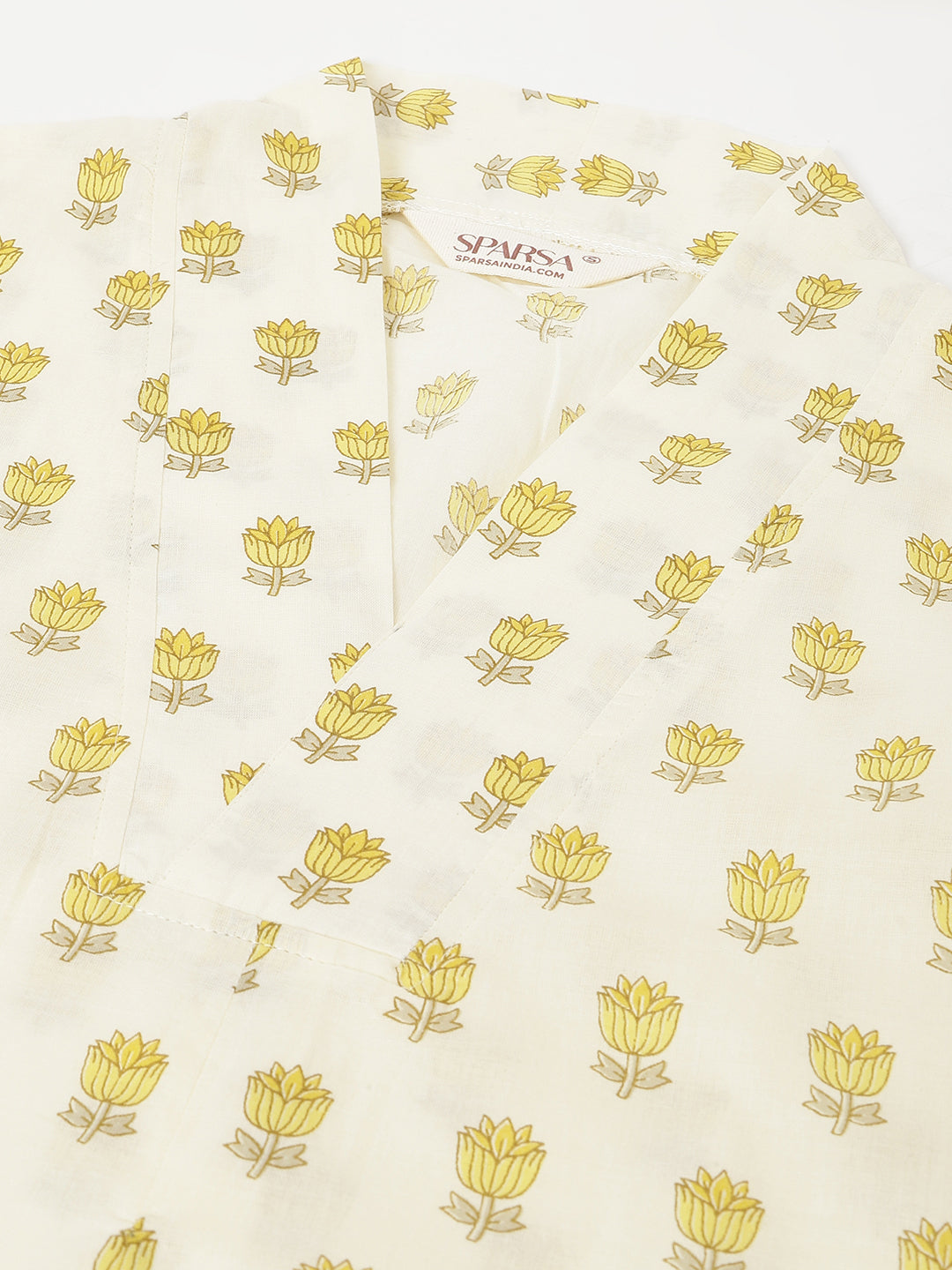 White and Yellow Printed V-Neck Cotton Kurta Set