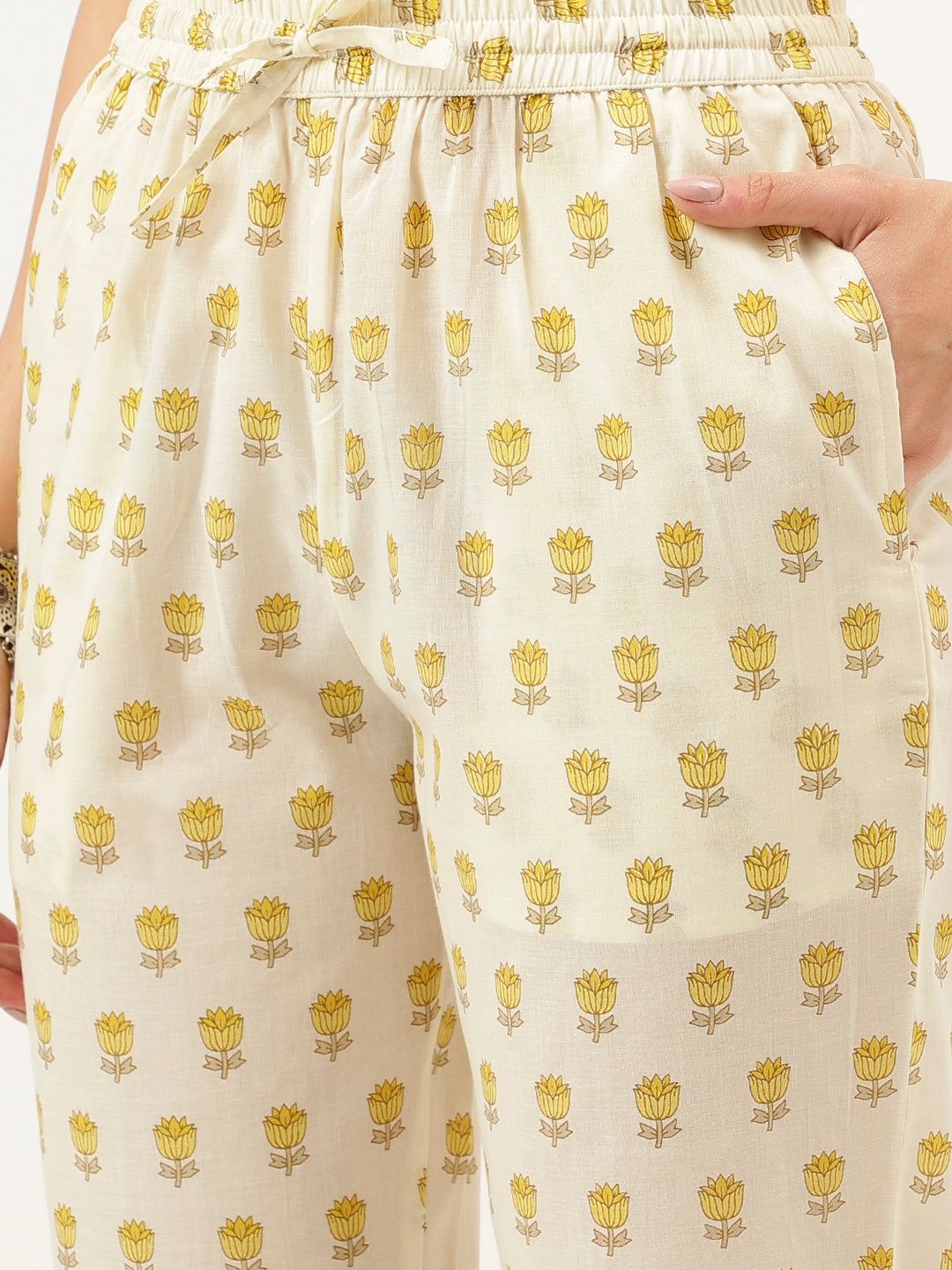 White and Yellow Printed V-Neck Cotton Kurta Set