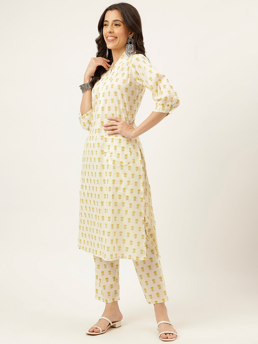 White and Yellow Printed V-Neck Cotton Kurta Set