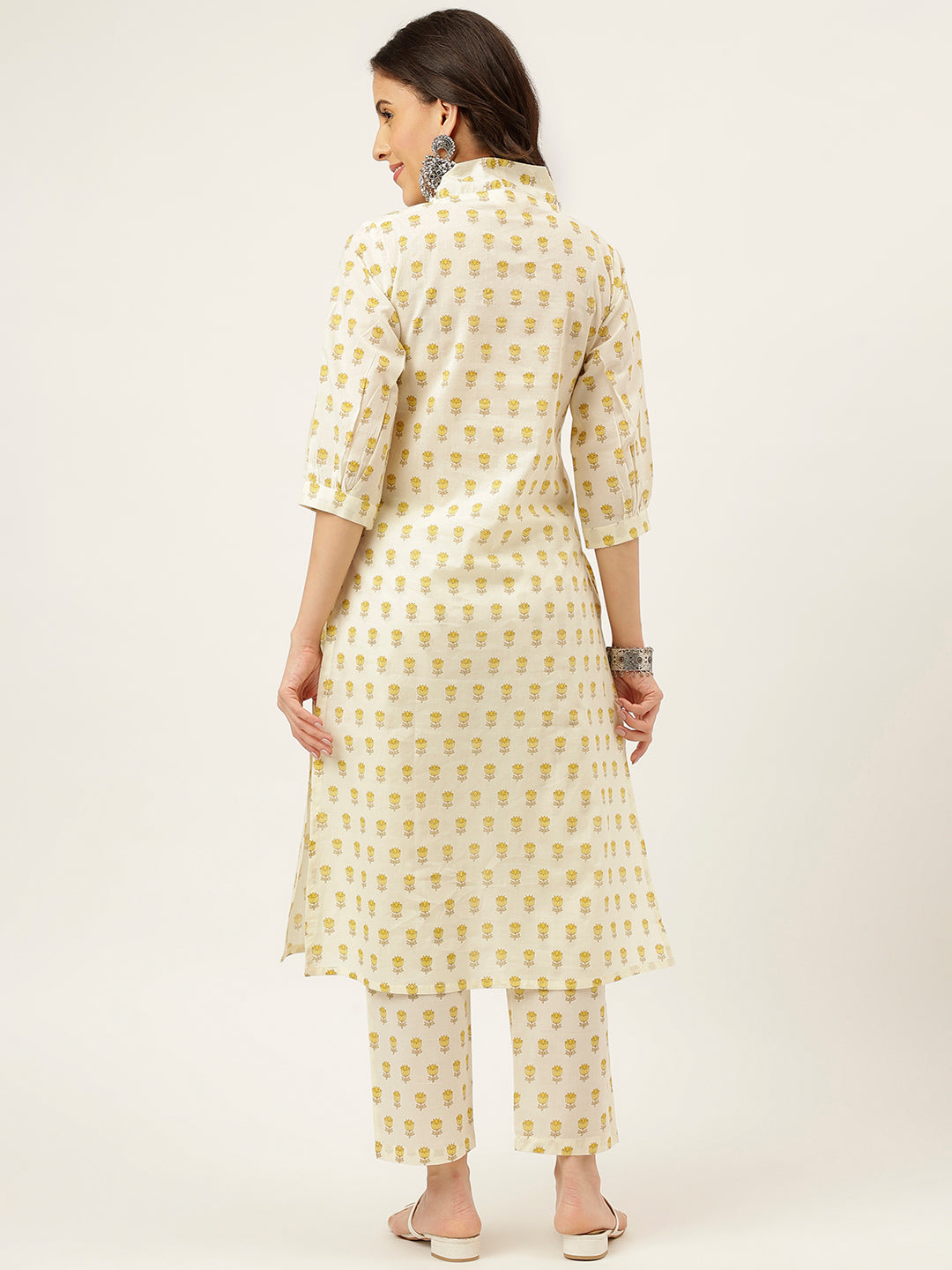 White and Yellow Printed V-Neck Cotton Kurta Set