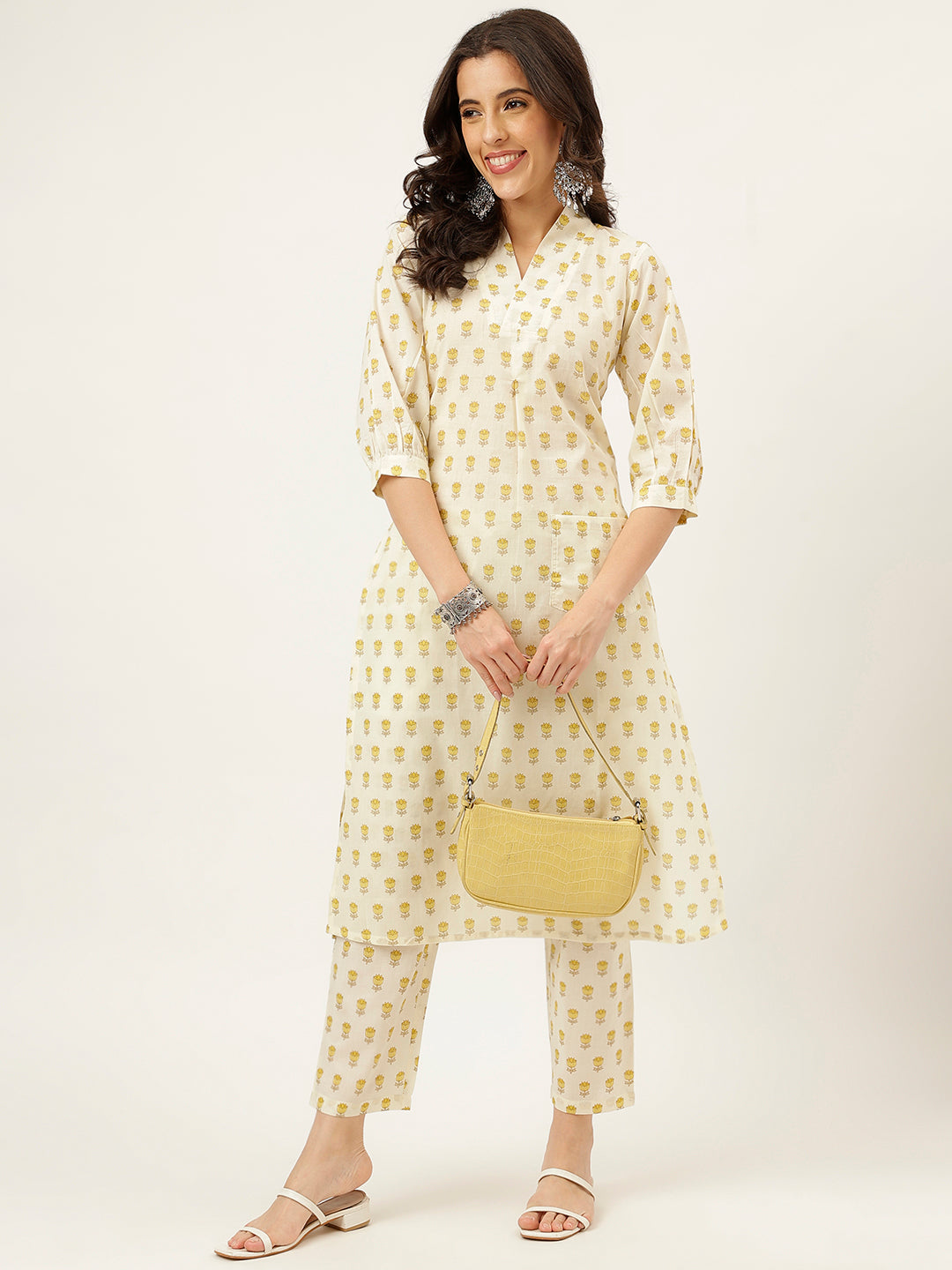 White and Yellow Printed V-Neck Cotton Kurta Set