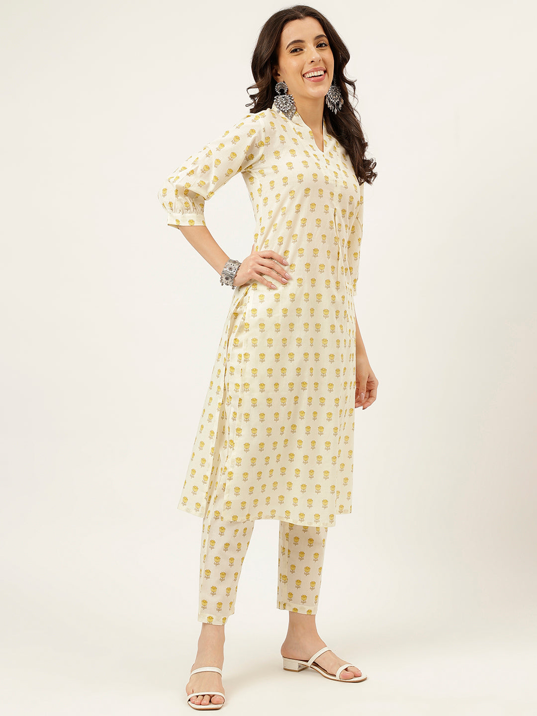 White and Yellow Printed V-Neck Cotton Kurta Set