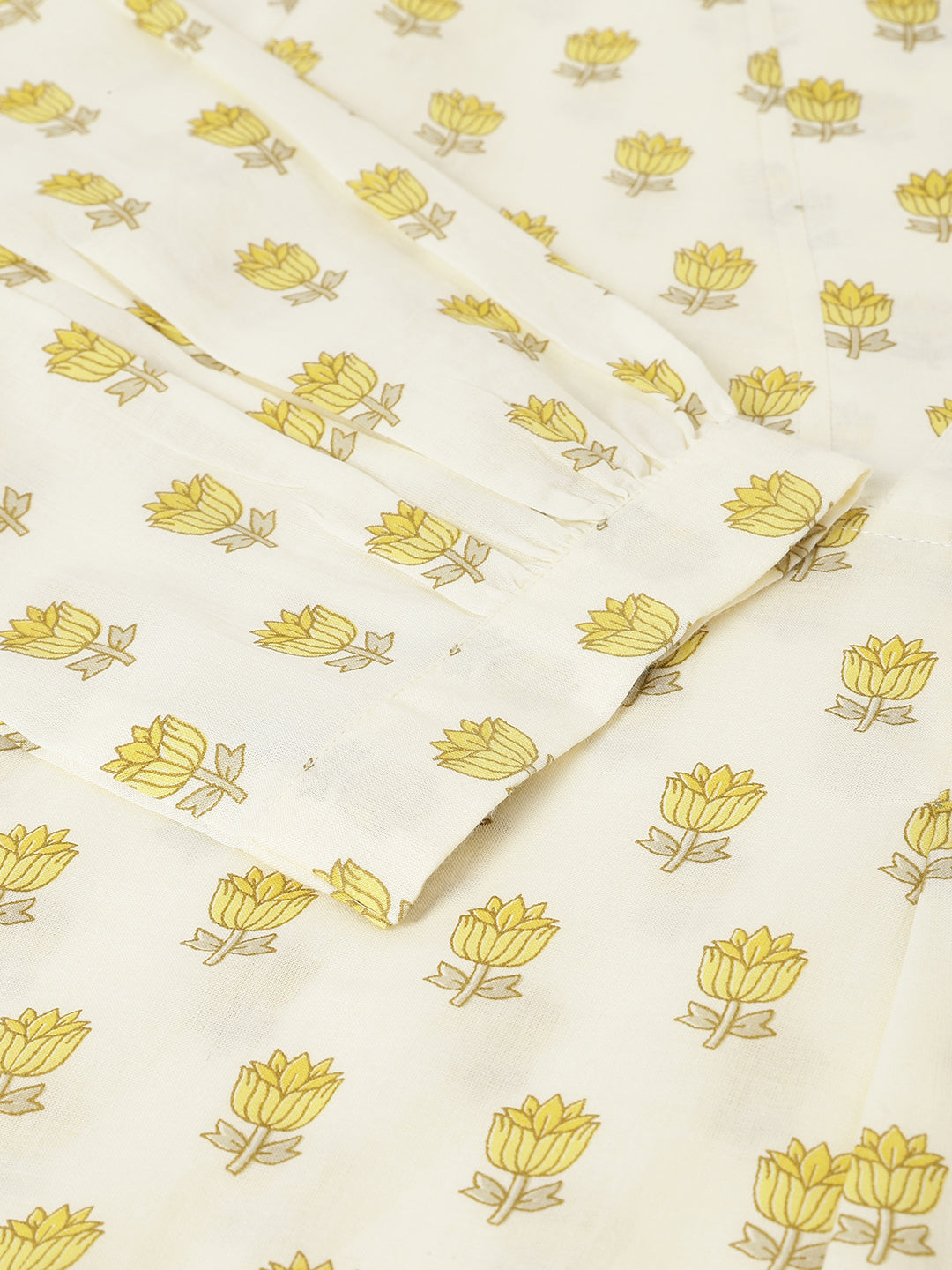 White and Yellow Printed V-Neck Cotton Kurta Set