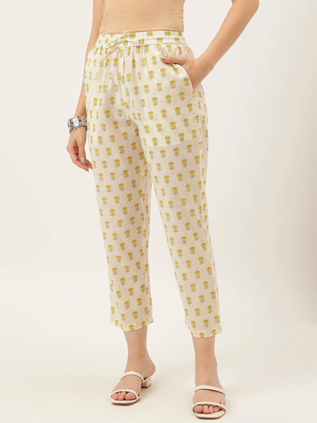 White and Yellow Printed V-Neck Cotton Kurta Set