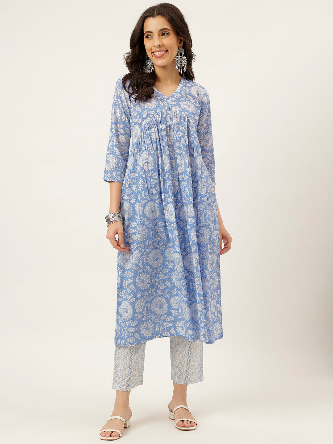 Sky Blue Printed Alia Cut Cotton Kurta Set