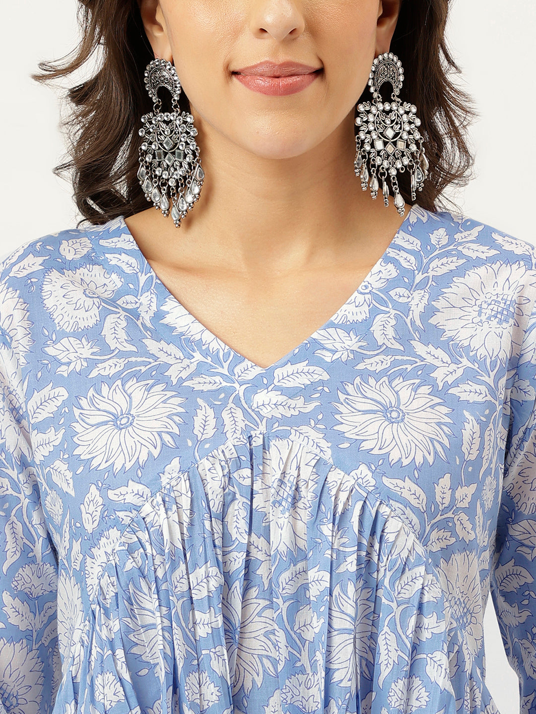 Sky Blue Printed Alia Cut Cotton Kurta Set