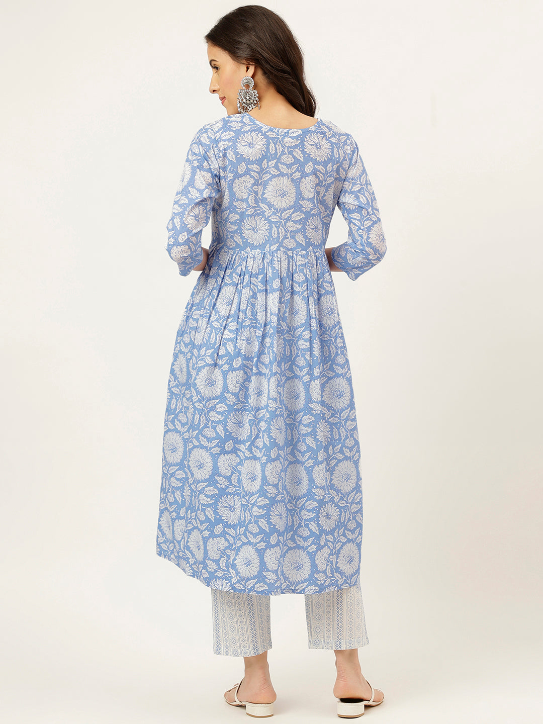 Sky Blue Printed Alia Cut Cotton Kurta Set