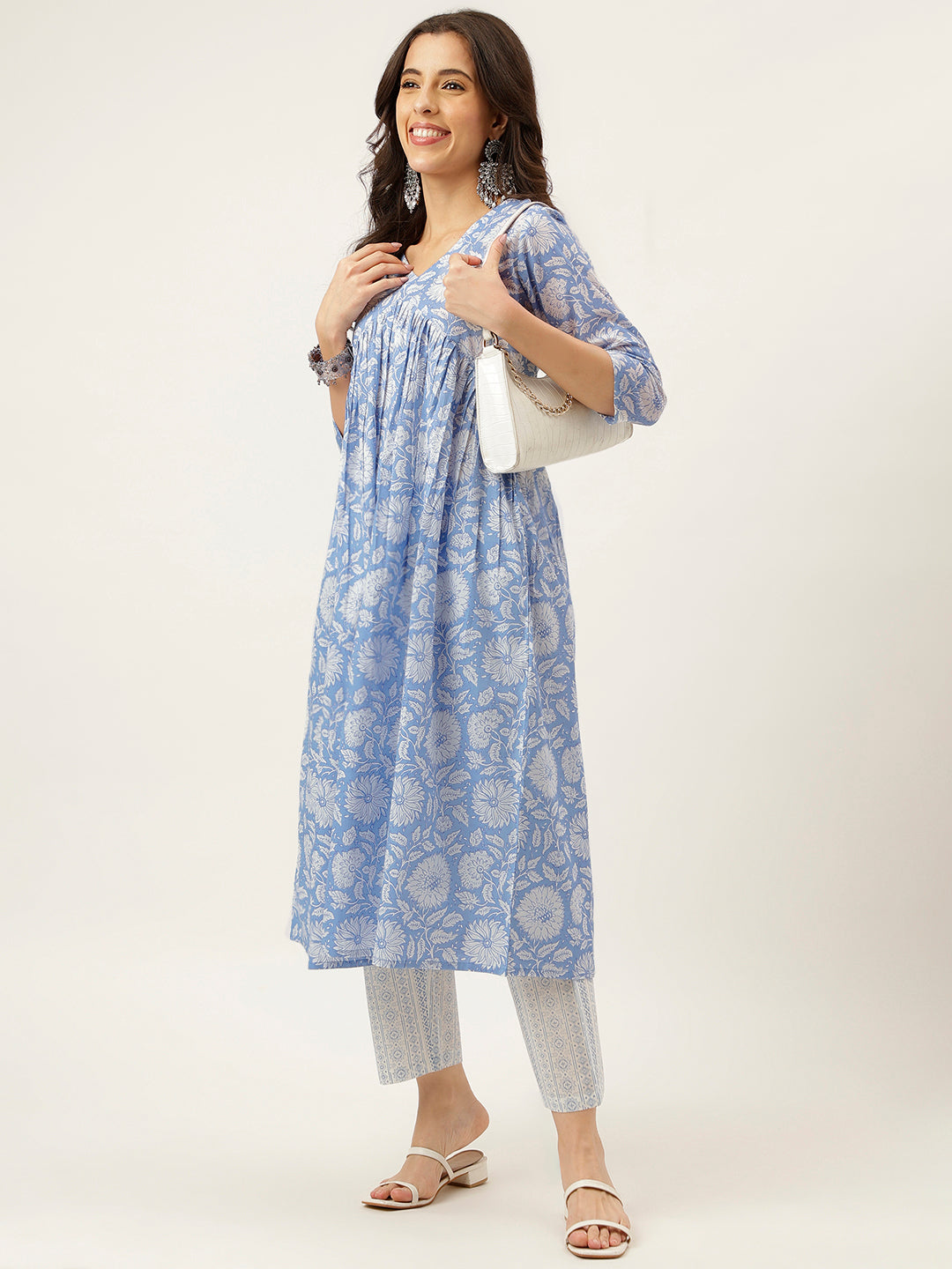 Sky Blue Printed Alia Cut Cotton Kurta Set