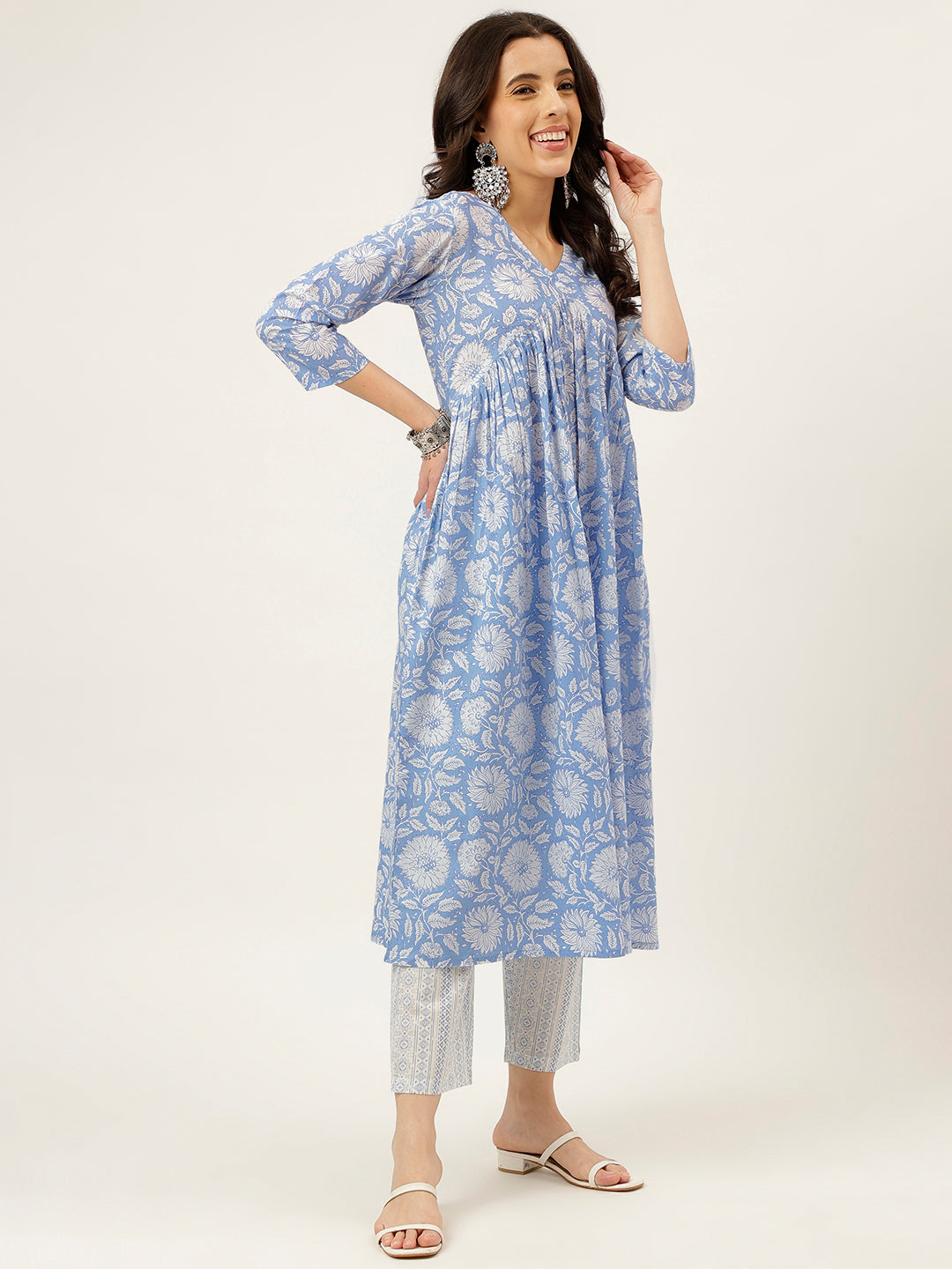 Sky Blue Printed Alia Cut Cotton Kurta Set