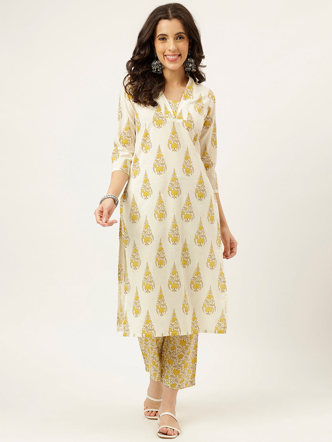 White and Yellow Printed V-Neck Cotton Kurta Set
