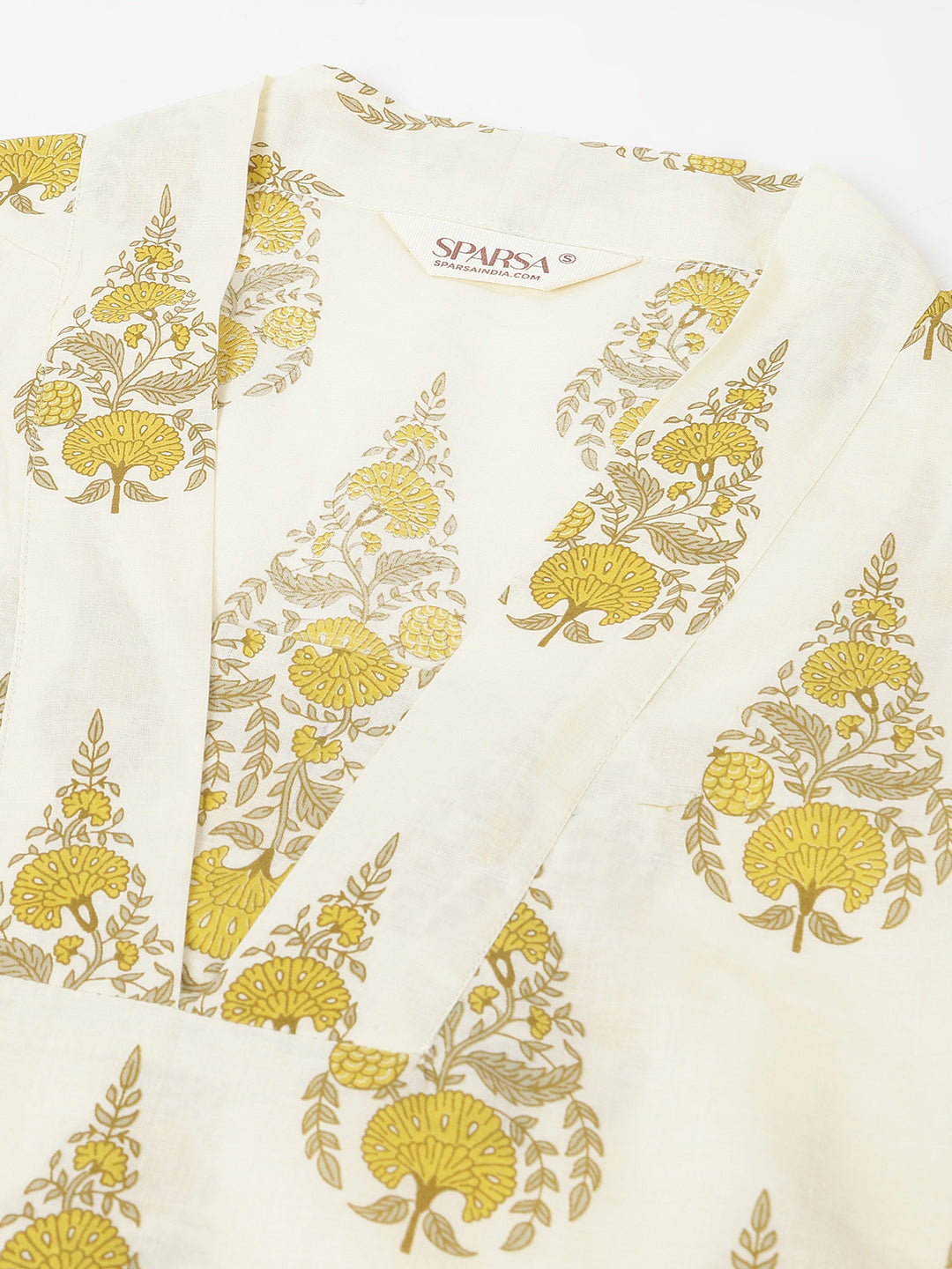 White and Yellow Printed V-Neck Cotton Kurta Set