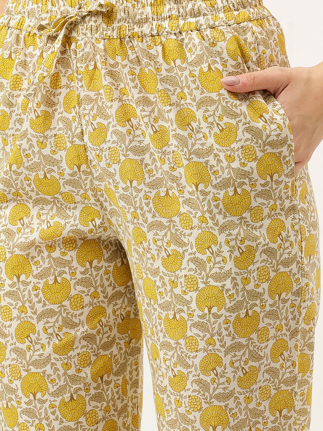 White and Yellow Printed V-Neck Cotton Kurta Set