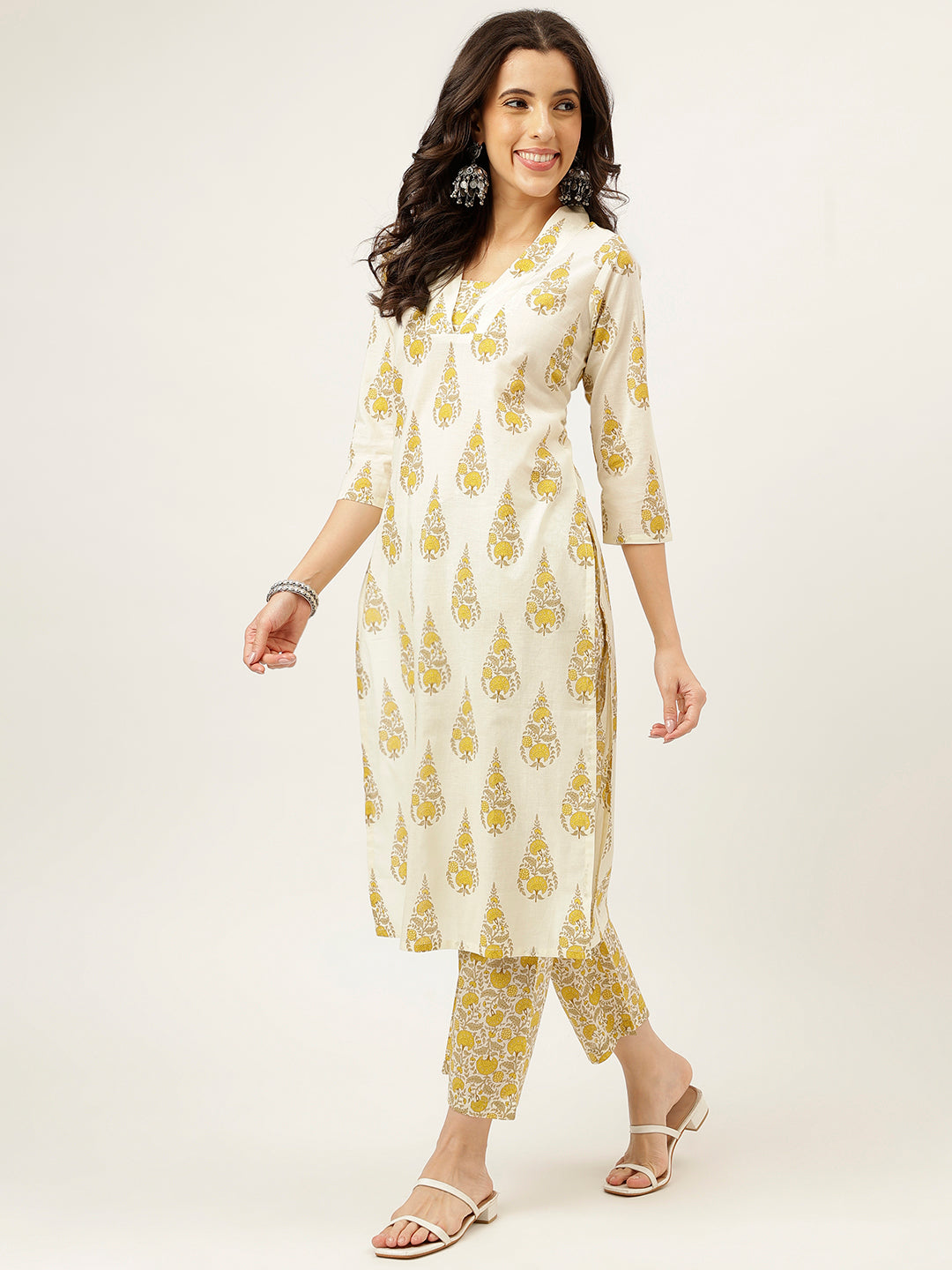 White and Yellow Printed V-Neck Cotton Kurta Set