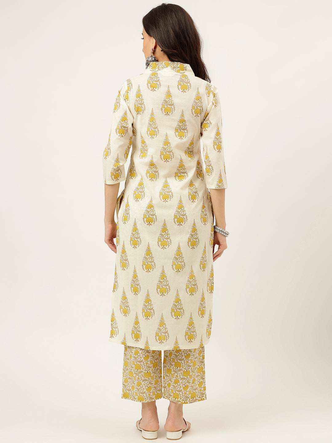 White and Yellow Printed V-Neck Cotton Kurta Set