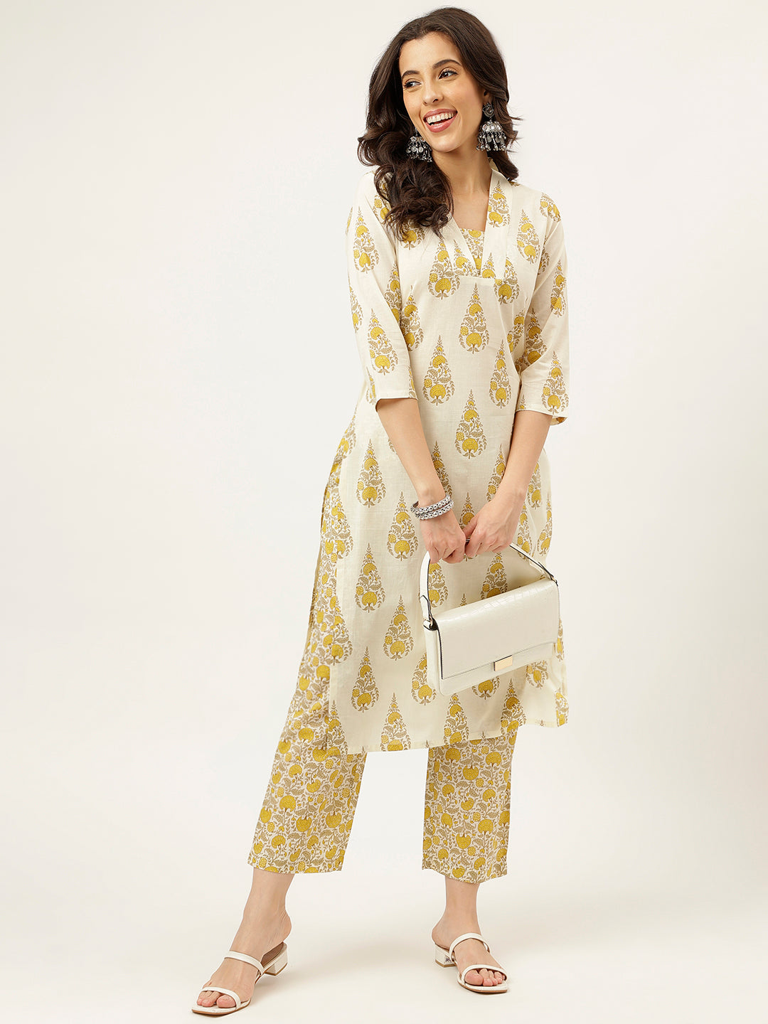White and Yellow Printed V-Neck Cotton Kurta Set