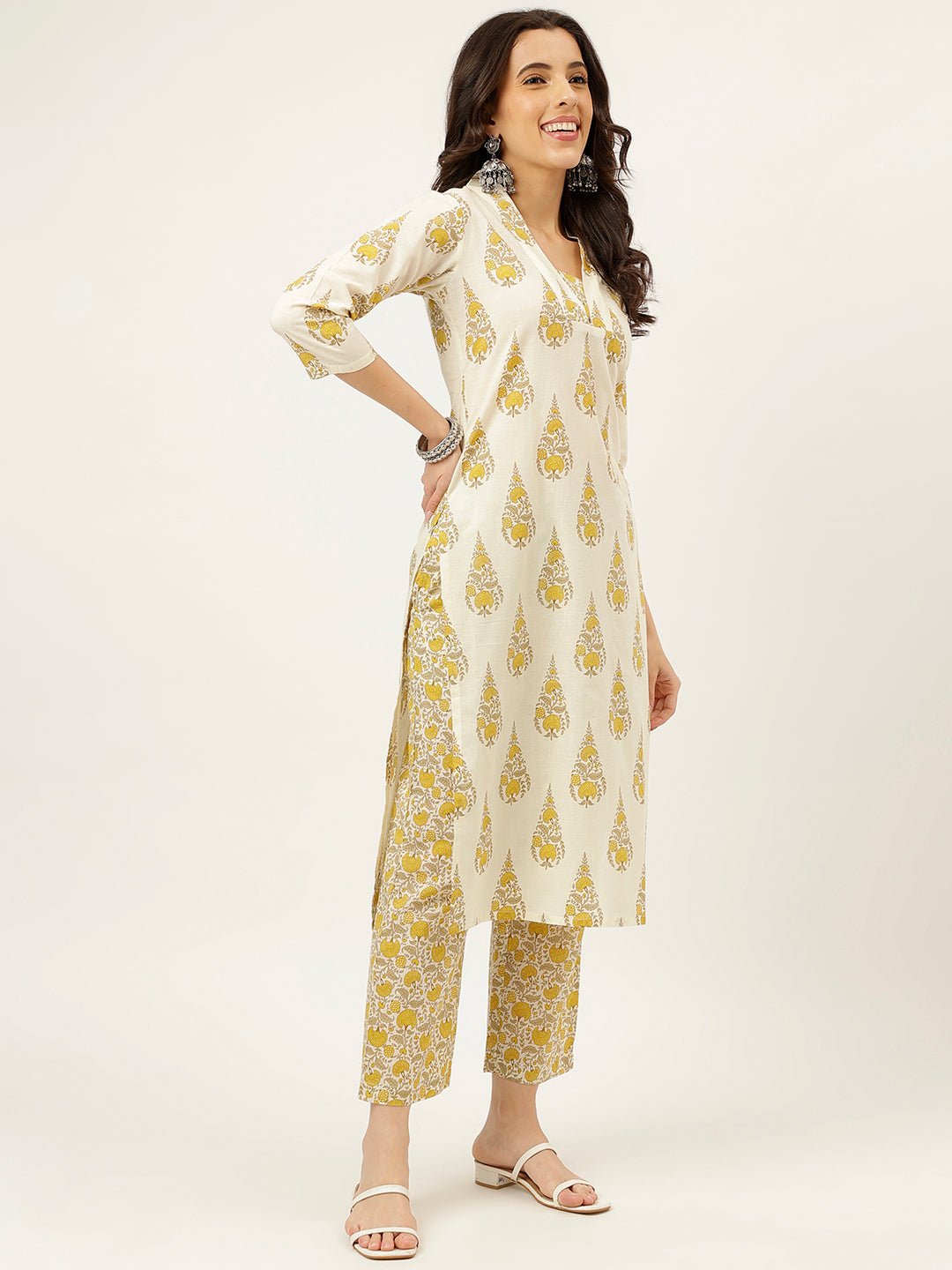 White and Yellow Printed V-Neck Cotton Kurta Set