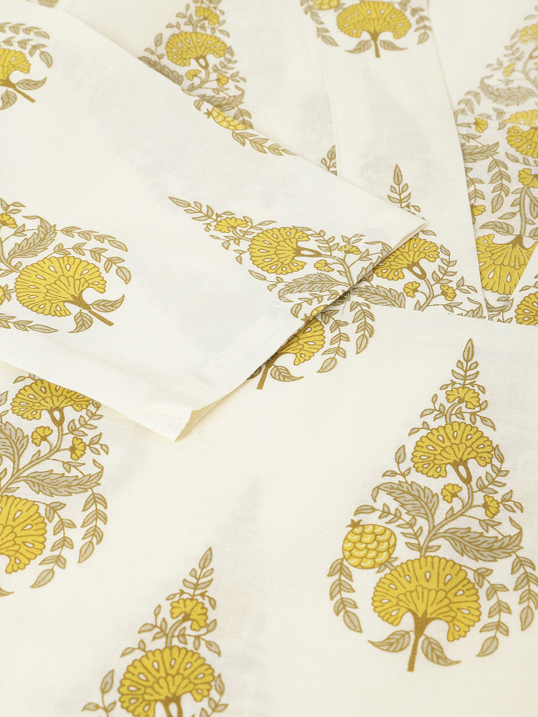 White and Yellow Printed V-Neck Cotton Kurta Set