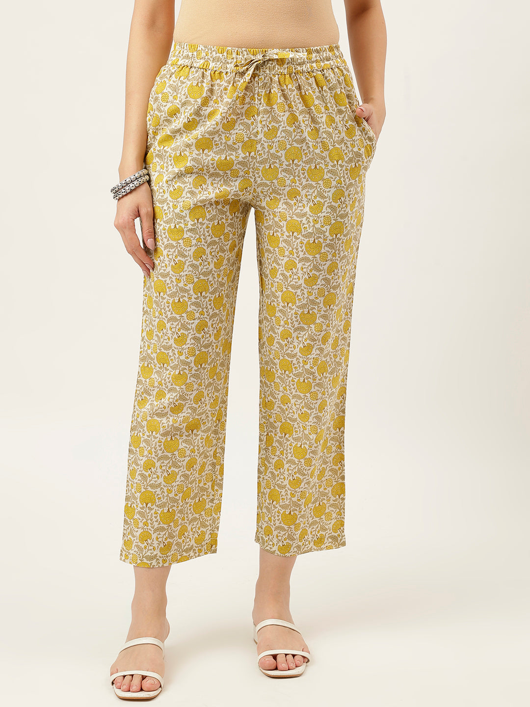 White and Yellow Printed V-Neck Cotton Kurta Set