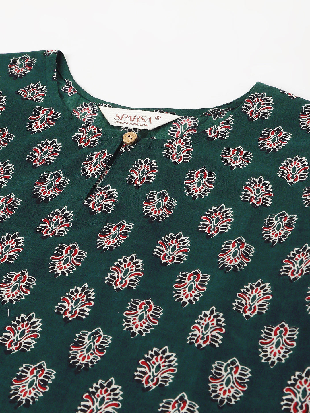 Teal Green Printed Round Keyhole Neck Cotton Top