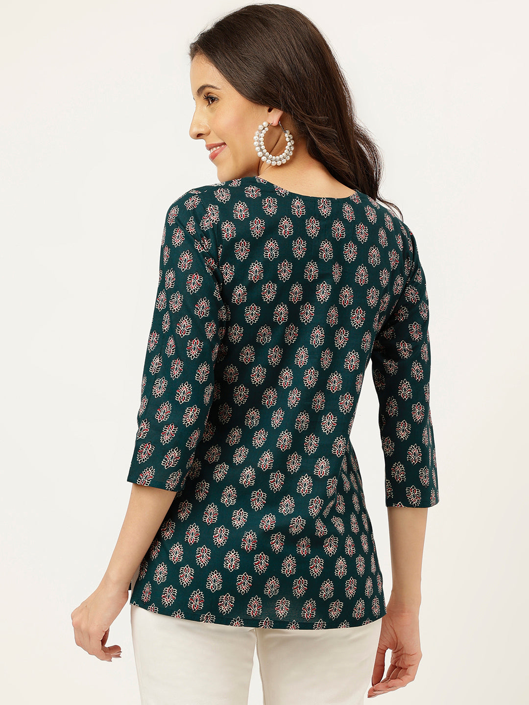 Teal Green Printed Round Keyhole Neck Cotton Top