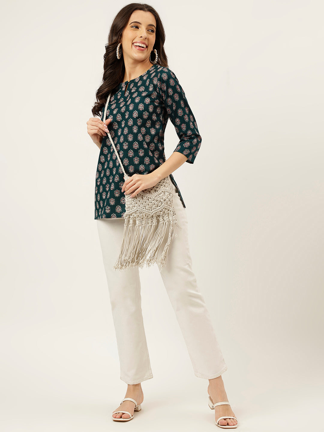 Teal Green Printed Round Keyhole Neck Cotton Top
