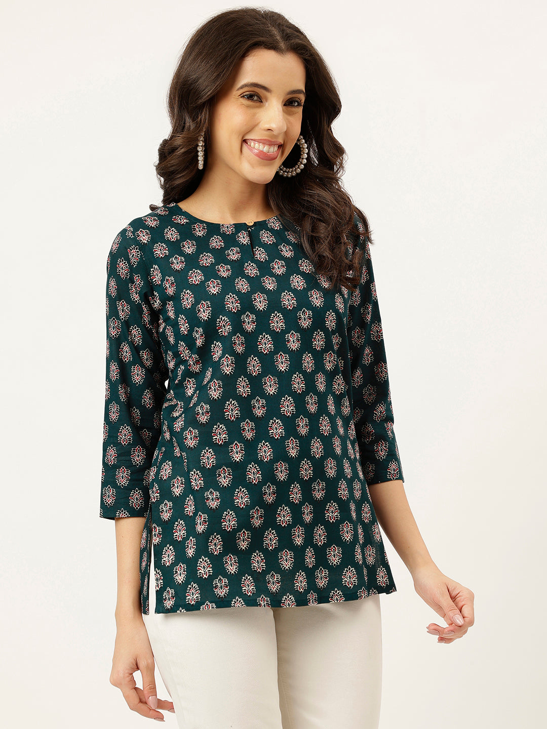 Teal Green Printed Round Keyhole Neck Cotton Top
