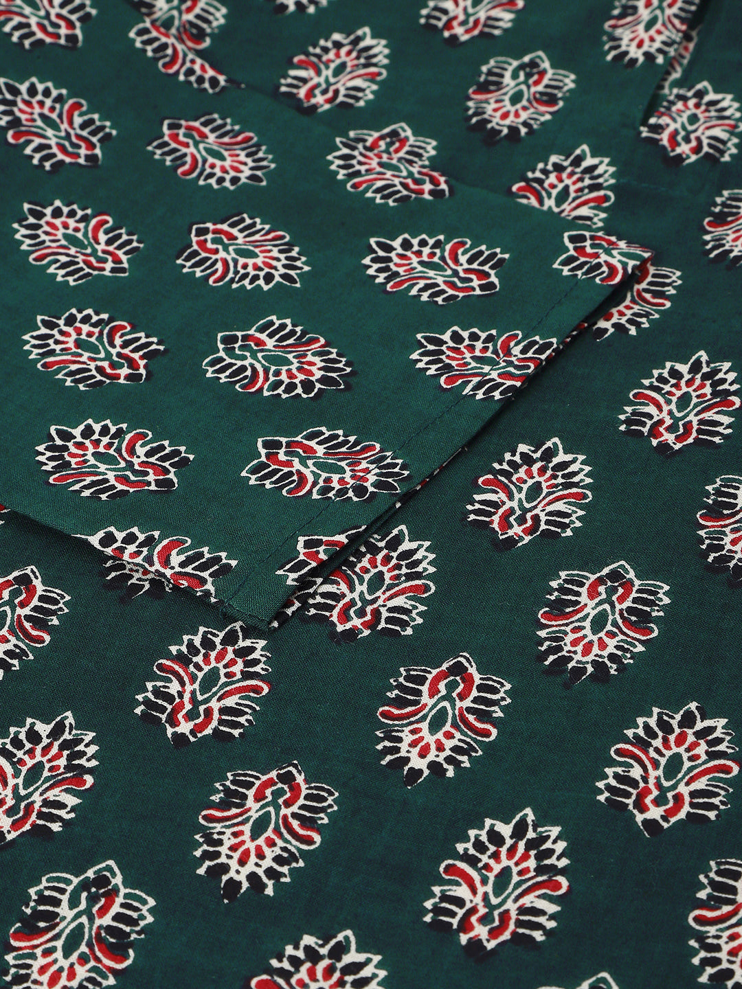 Teal Green Printed Round Keyhole Neck Cotton Top