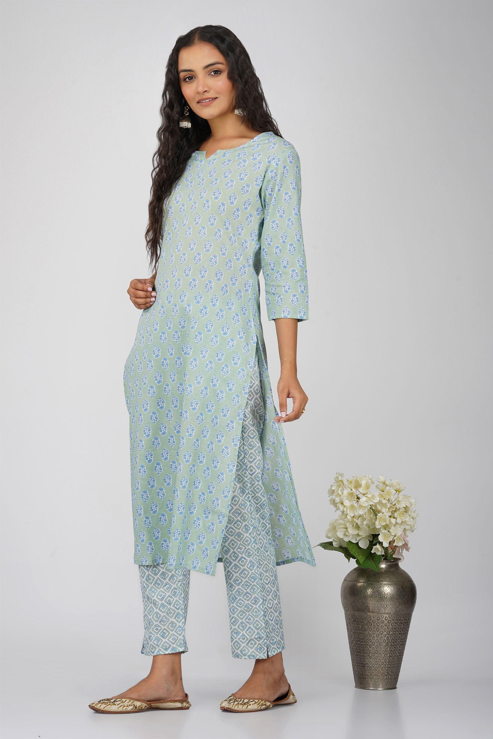 Sea Green Printed Round V-Neck Cotton Kurta Set