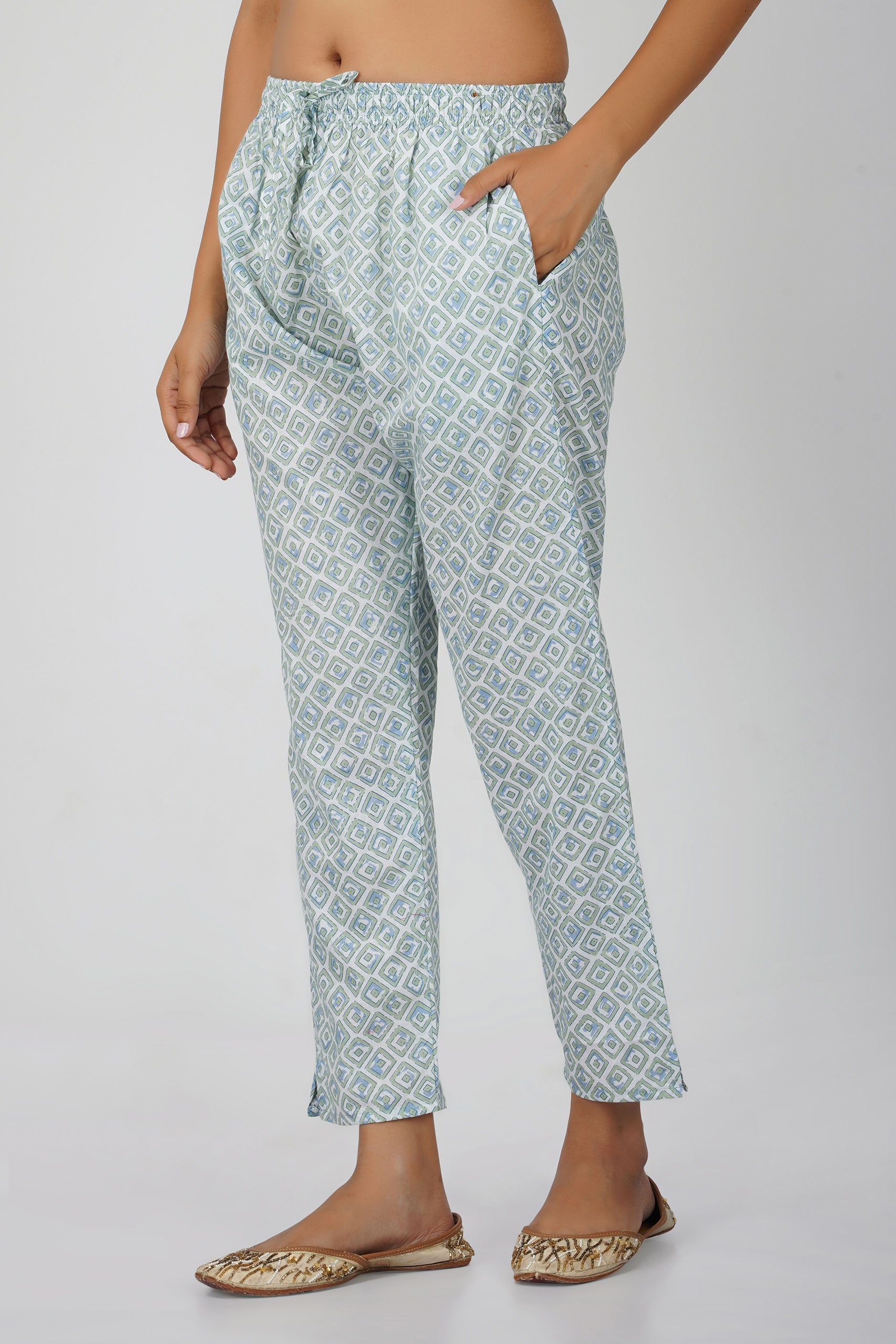 Sea Green Printed Round V-Neck Cotton Kurta Set