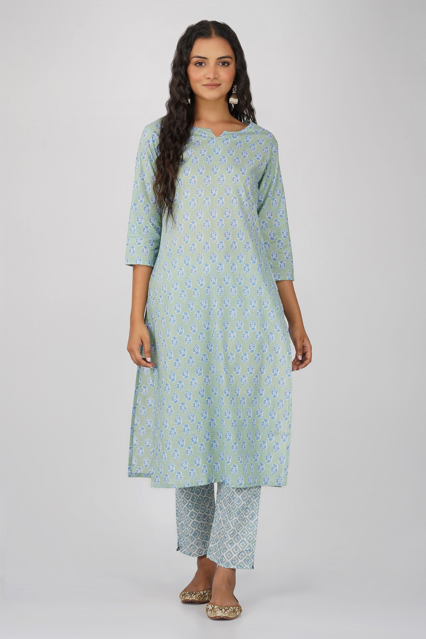 Sea Green Printed Round V-Neck Cotton Kurta Set