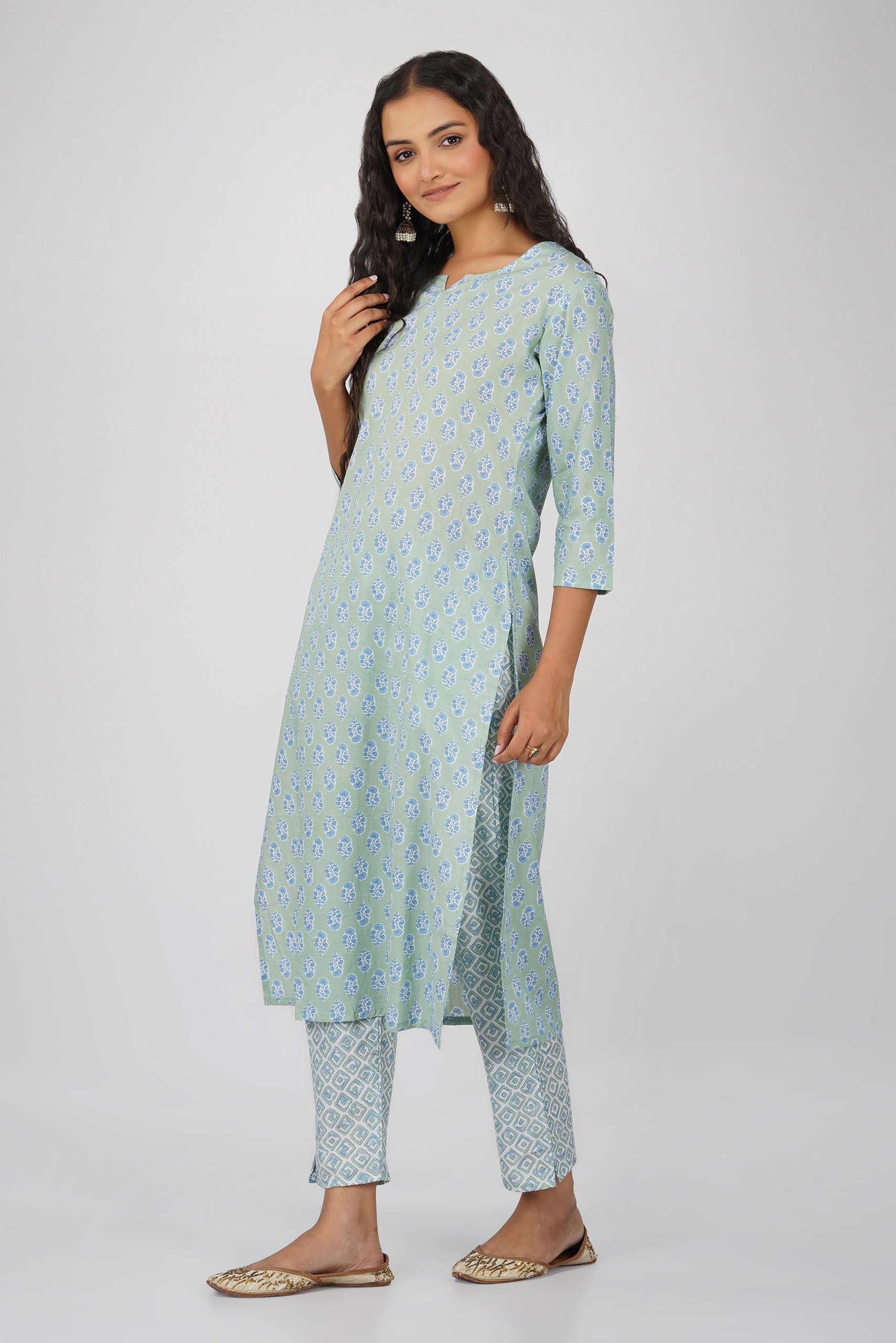 Sea Green Printed Round V-Neck Cotton Kurta Set