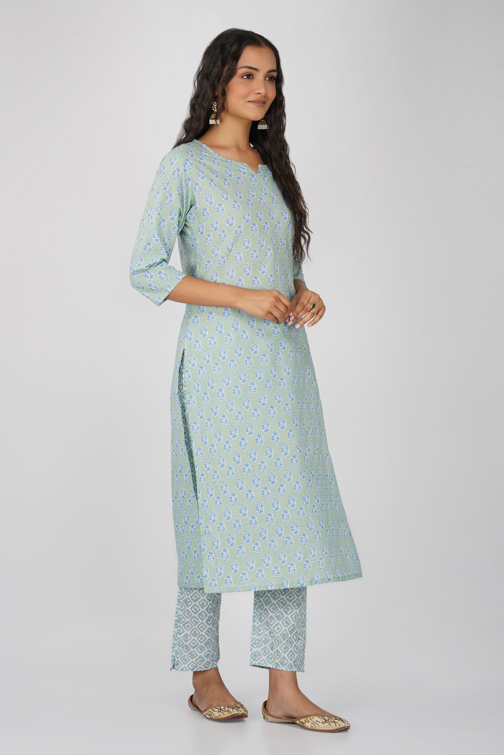 Sea Green Printed Round V-Neck Cotton Kurta Set