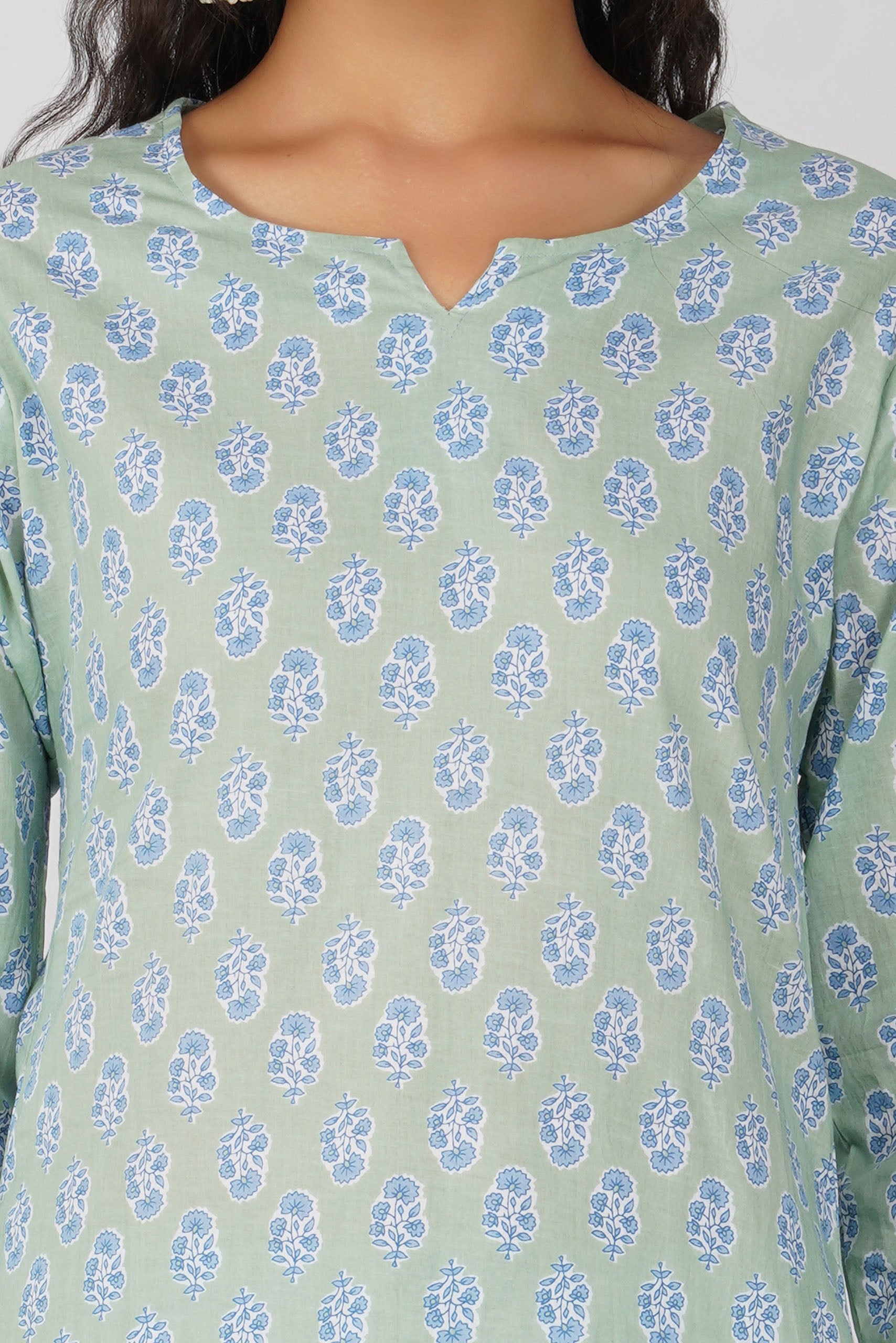 Sea Green Printed Round V-Neck Cotton Kurta Set