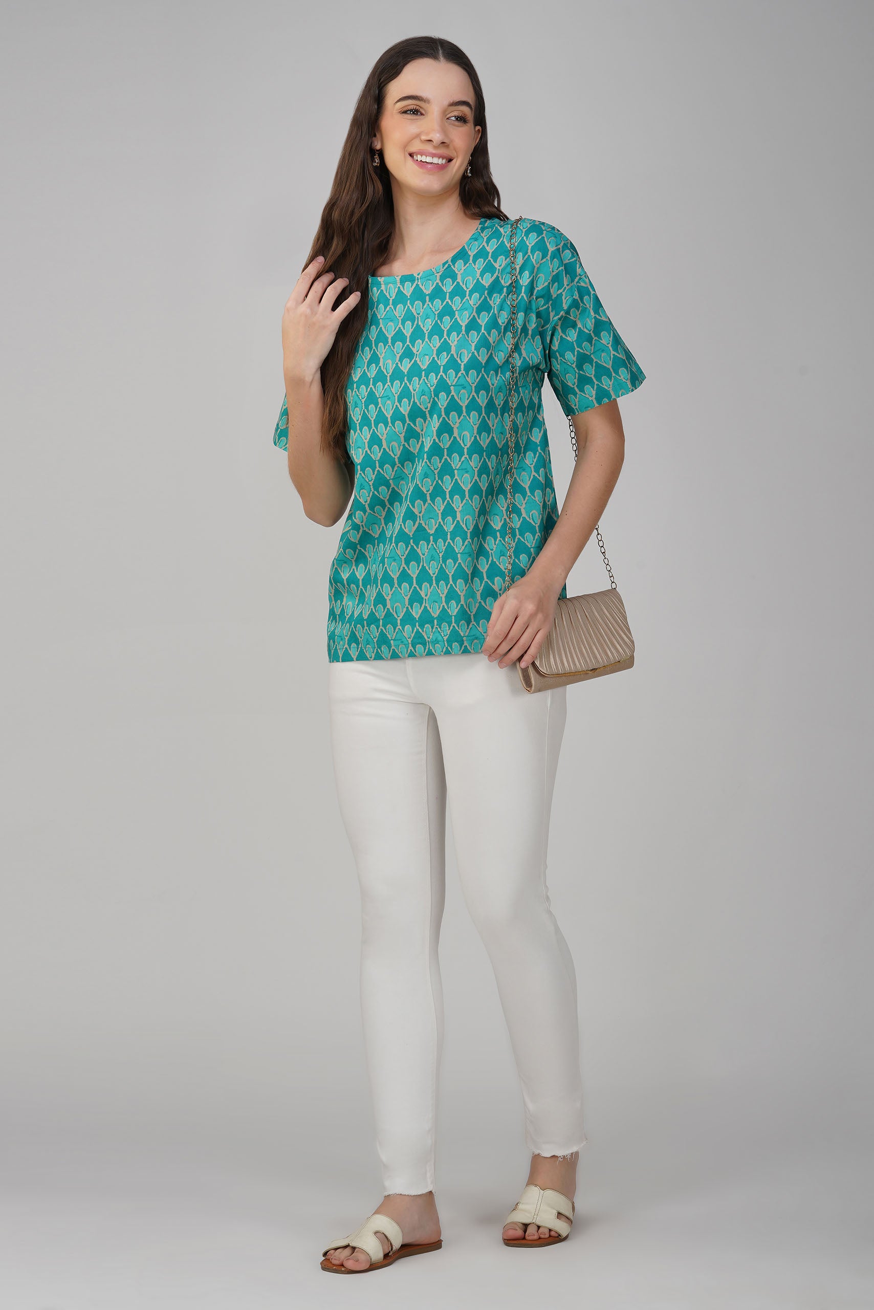 Turquoise Printed Cotton Box Top