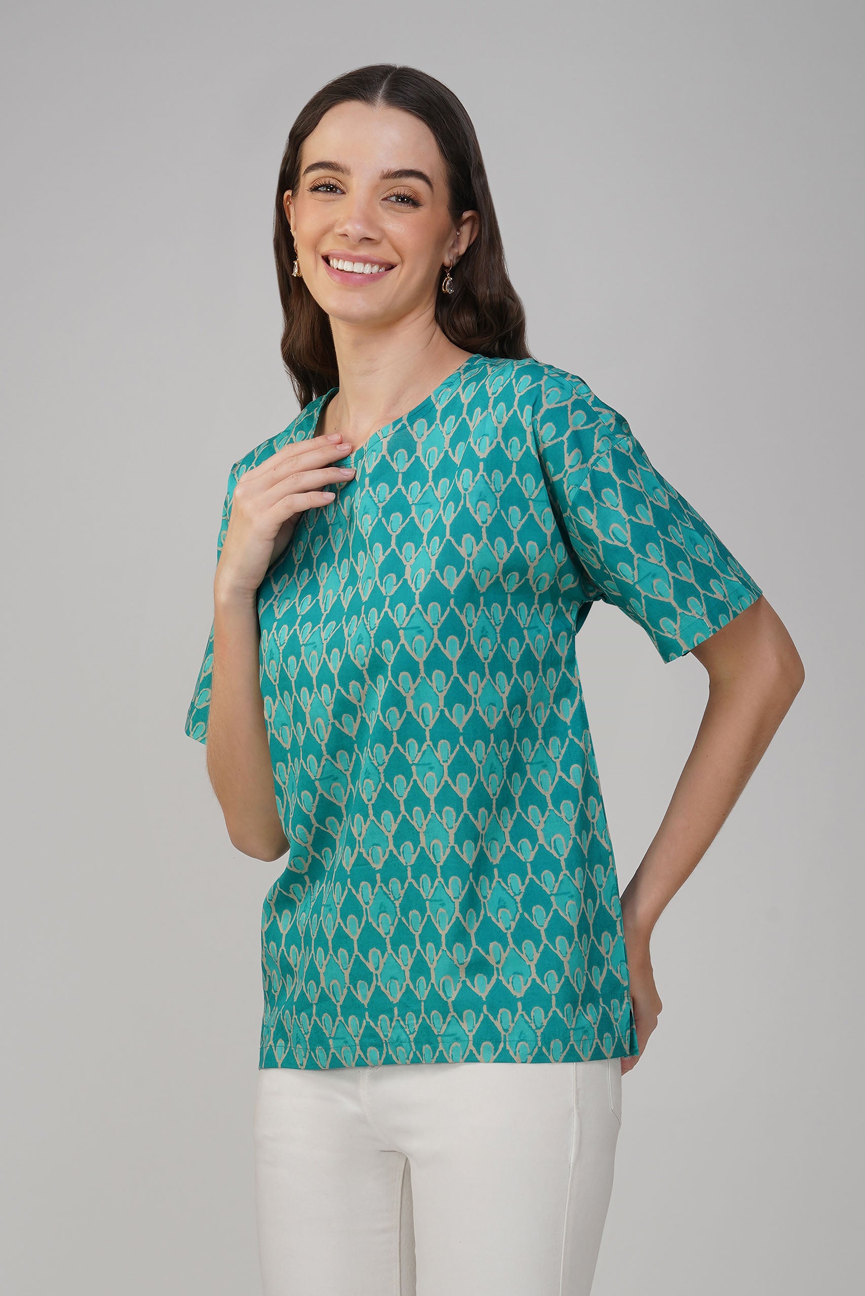 Turquoise Printed Cotton Box Top