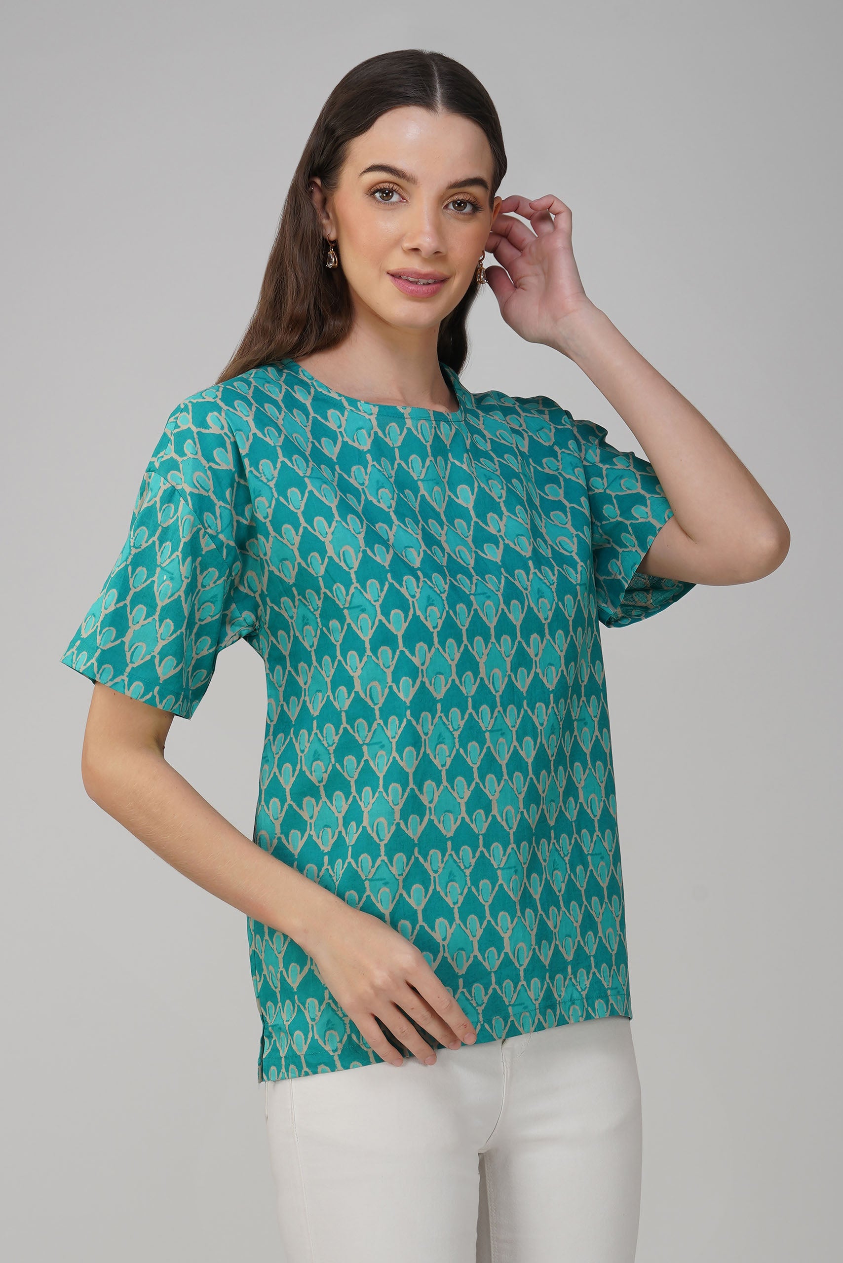 Turquoise Printed Cotton Box Top