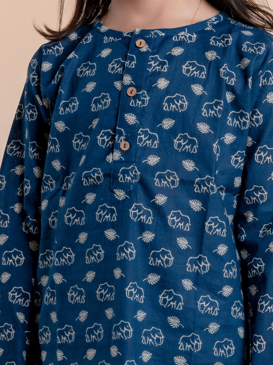 Blue Elephant Print Kids Cotton Kurta Pyjama Set