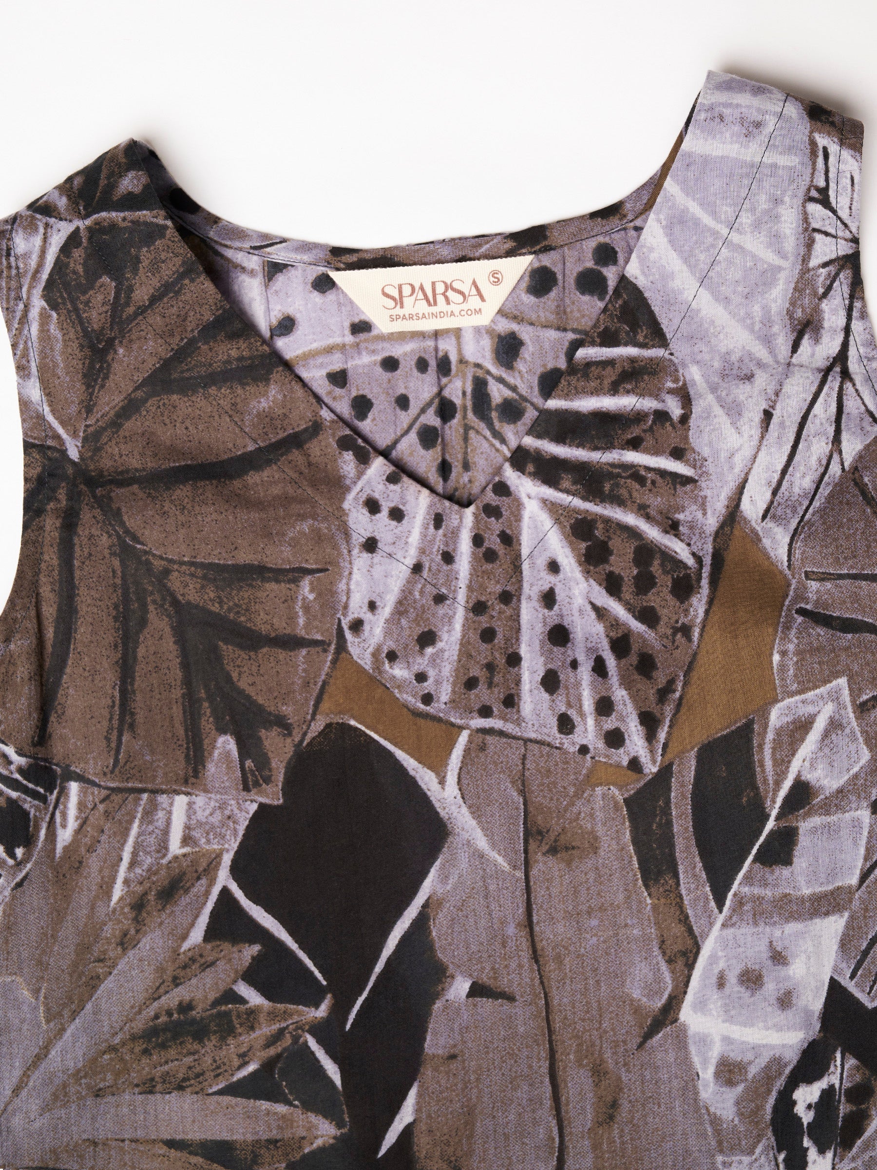 Grey Printed Sleeveless V-Neck Cotton Top