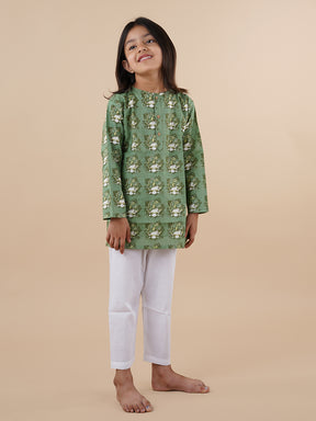 Green Printed Kids Cotton Kurta Pyjama Set