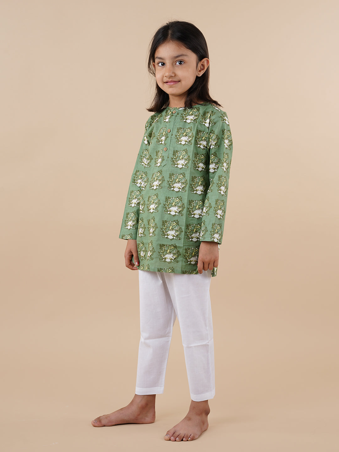 Green Printed Kids Cotton Kurta Pyjama Set