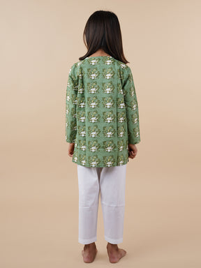 Green Printed Kids Cotton Kurta Pyjama Set